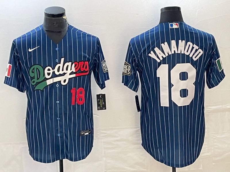 Men Los Angeles Dodgers #18 Yamamoto Blue stripe Nike Game MLB Jersey style 5